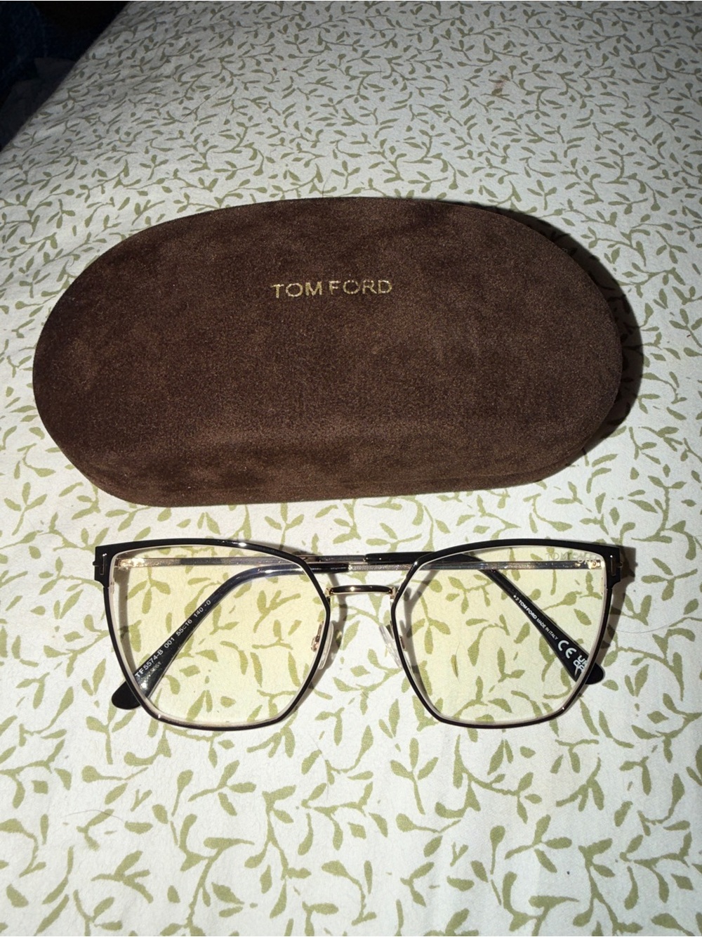 Tom Ford Women’s Brown Suede Case with Gold Logo and Black/Gold Eyeglasses
